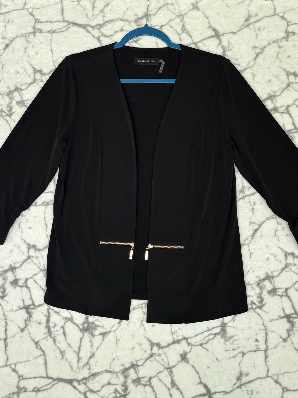 IVANKA TRUMP Black Open-Front Blazer with Gold Zipper Accents